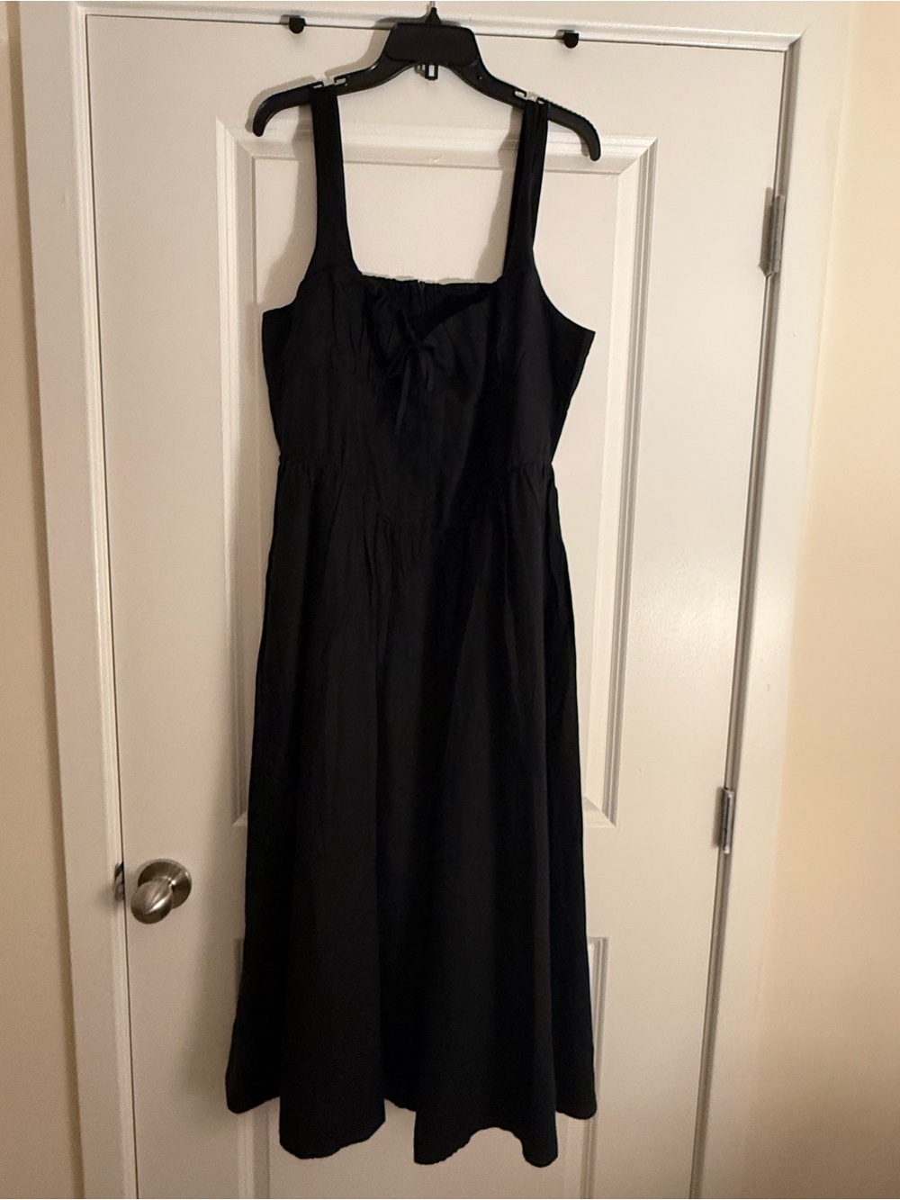 Quince Black Sleeveless Midi Dress with Tie Front